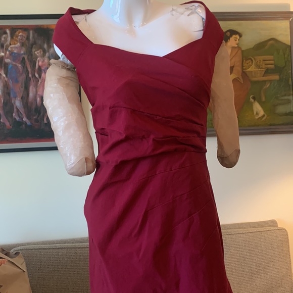 FASHION TO FIGURE STRETCH CHERRY RED BURGUNDY RUCHED FRONT WIGGLE DRESS - Picture 2 of 13